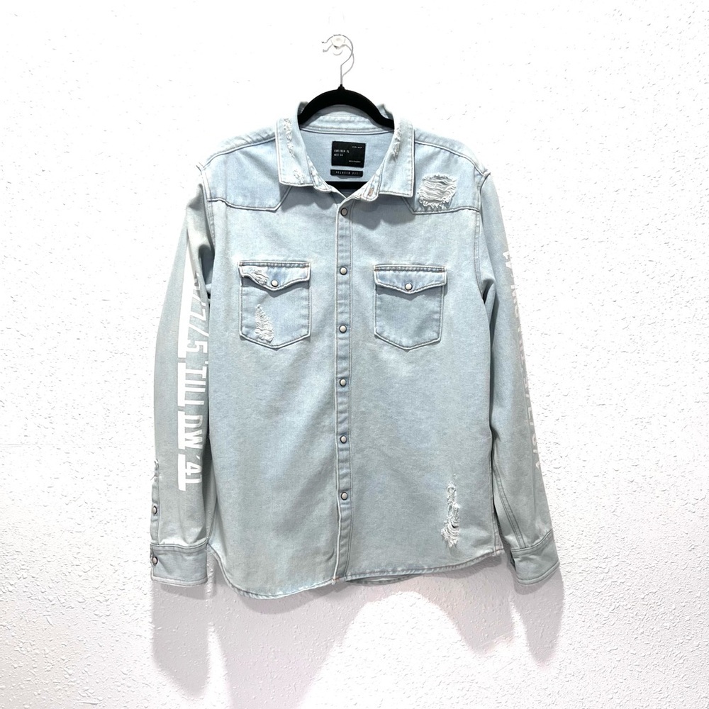 Zara Man Light Blue distress streetwear‎ Relaxed Fit Shirt XL